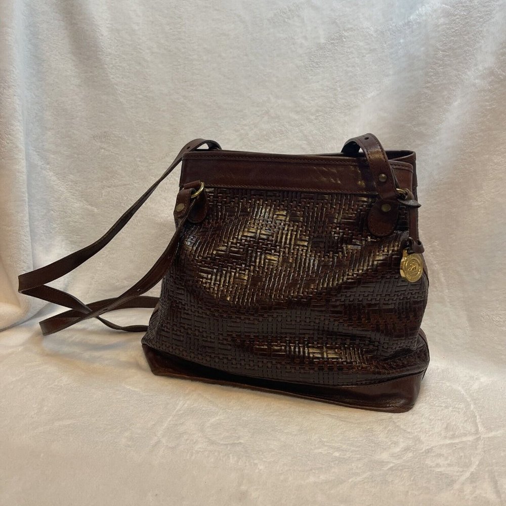 Brahmin Vintage Woven Leather Cognac Brown Shoulder Bucket Bag - VGUC - Picture 3 of 12